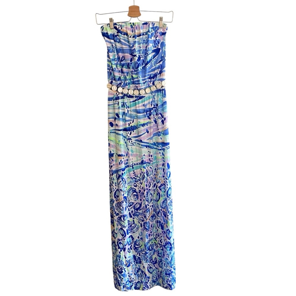 Lilly Pulitzer Mika Strapless Maxi Dress Chasing Waves Engineered Blue Current - Picture 2 of 8